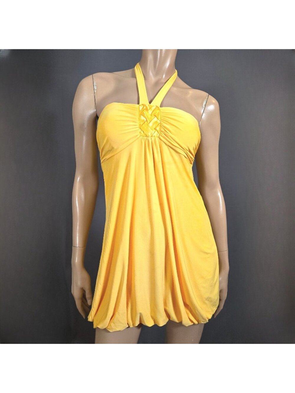 Vintage Y2K Micro Mini Bubble Halter Dress Satin Trim Bright Yellow Size S
